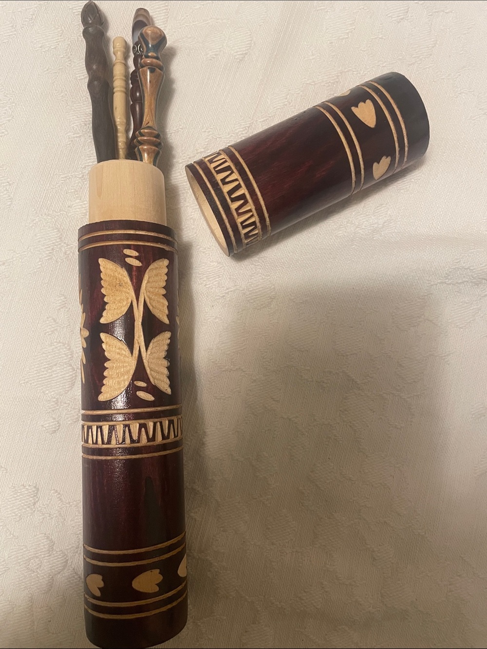 Hand-Carved Wooden Crochet Hook Case with Hooks - Dark Brown & Natural